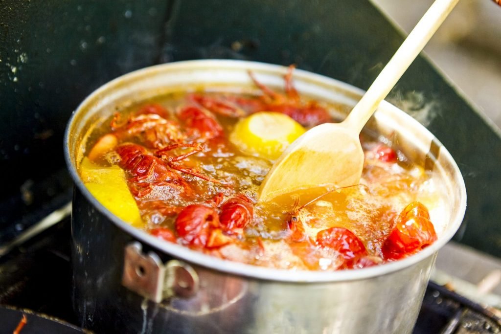 Large pot of boiling freshwater cray fish